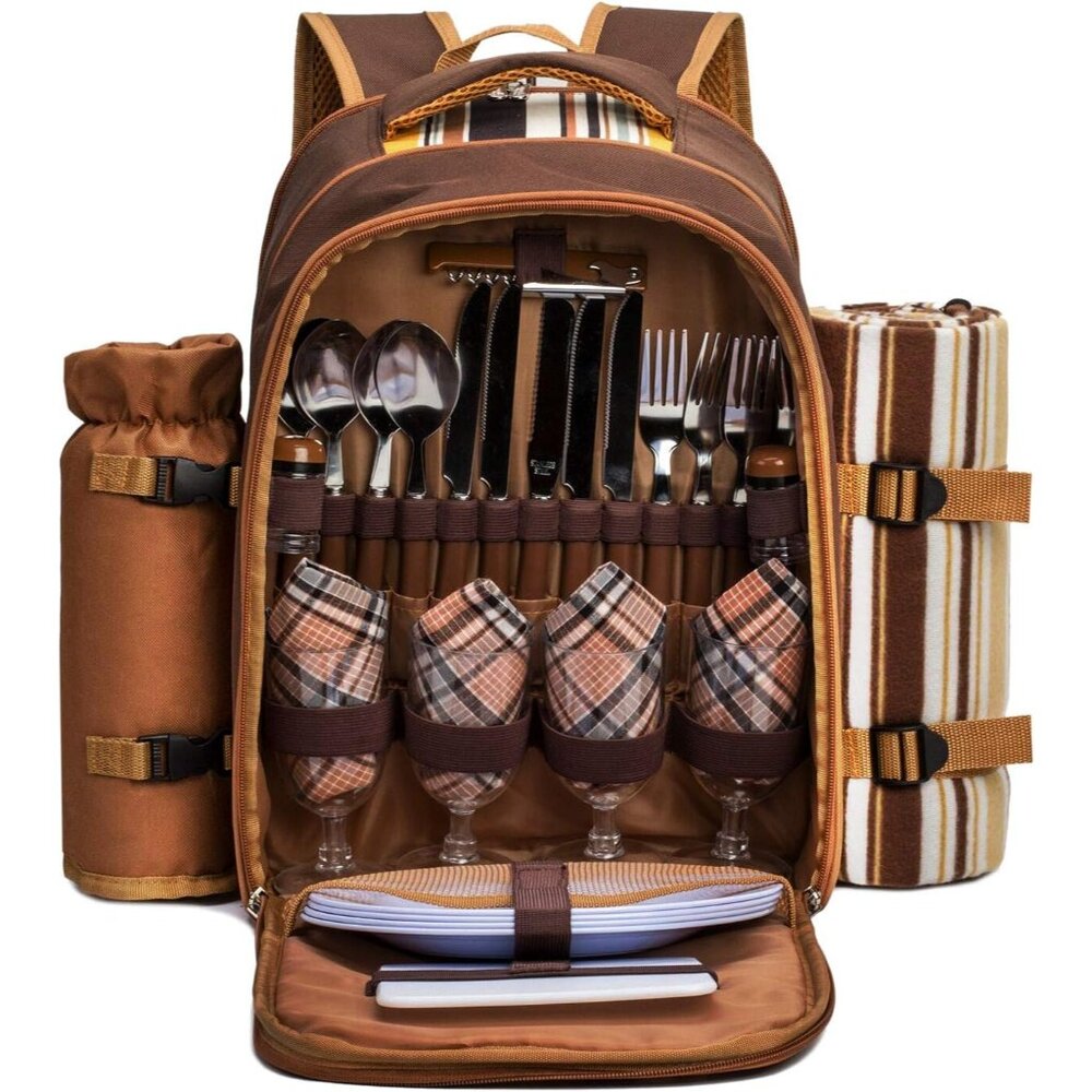 Picnic Backpack Bag for 4 Person with Cooler Compartment,Wine Bag, Picnic Blanke - Picture 1 of 9